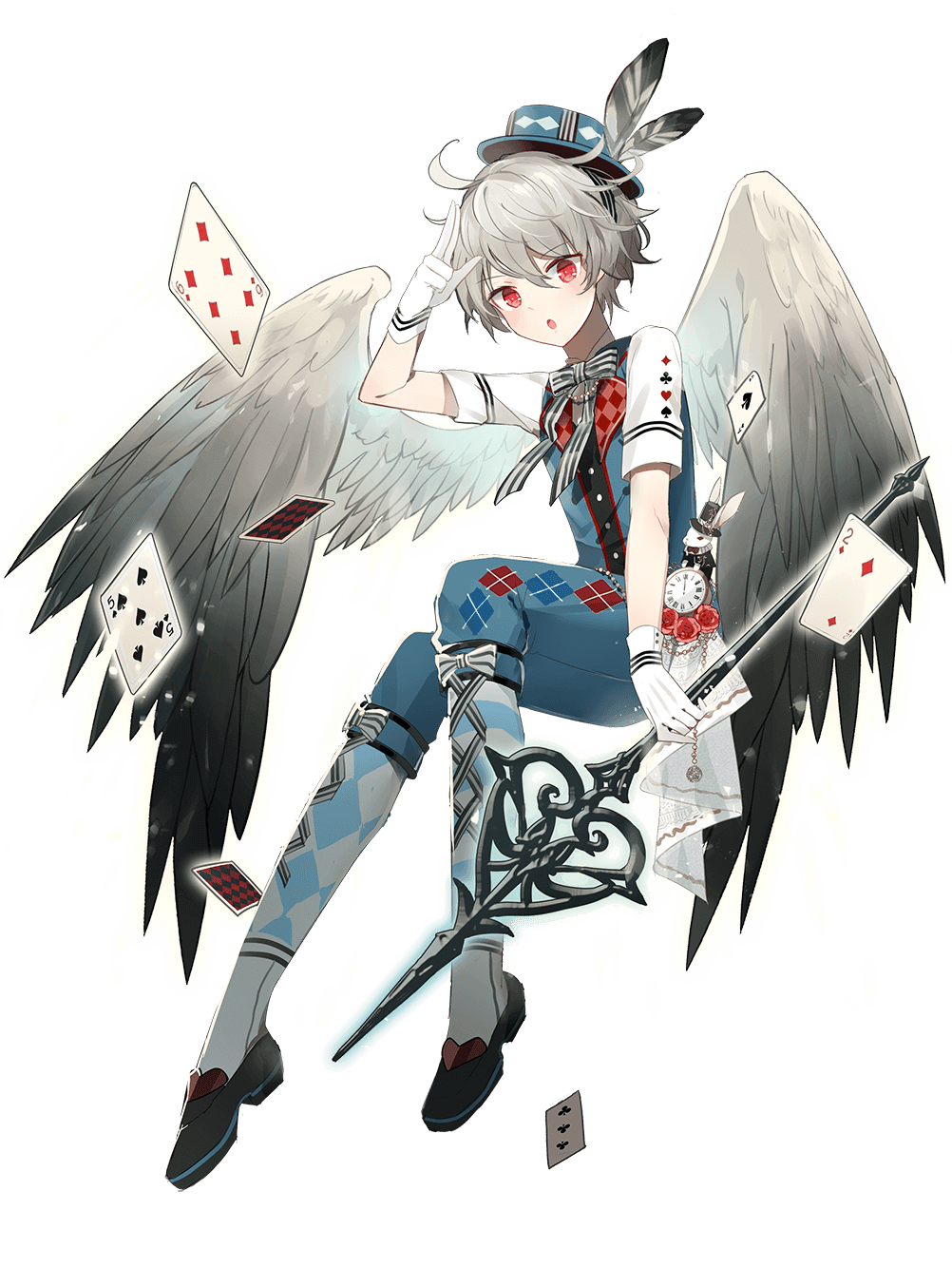 1boy, alice's_adventures_in_wonderland, argyle_clothes, argyle_footwear, argyle_pants, blue_hat, blue_pants, boater_hat