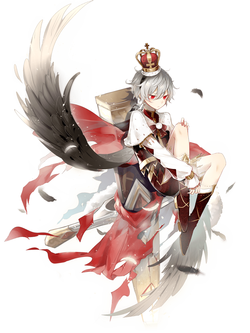 1boy, artist_request, black_hairband, boots, bow, brown_boots, capelet, crown