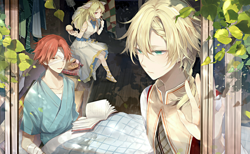 1girl, 2boys, absurdres, animal_ears, bandages, bandage_on_face, bed, blonde_hair, book, braid, bridal_gauntlets, casatta_(food_fantasy), cheese_(food_fantasy), dress, food_fantasy, green_eyes, highres, hospital_gown, long_hair, mouse_ears, multiple_boys, pizza_(food_fantasy), red_eyes, red_hair, ribbon, short_braid, short_hair