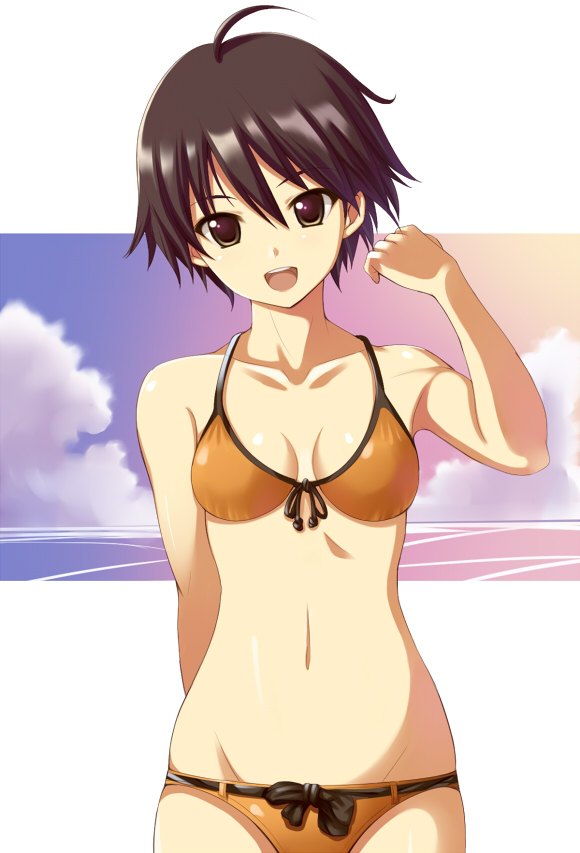 1girl, :d, ahoge, beach, bikini, blush, breasts, brown_eyes, brown_hair, cleavage, dream_c_club, dream_c_club_(series), female_focus, front-tie_top, groin, kisugi_akira, nao_(dream_c_club), navel, ocean, open_mouth, orange_bikini, short_hair, simple_background, smile, solo, swimsuit, tomboy