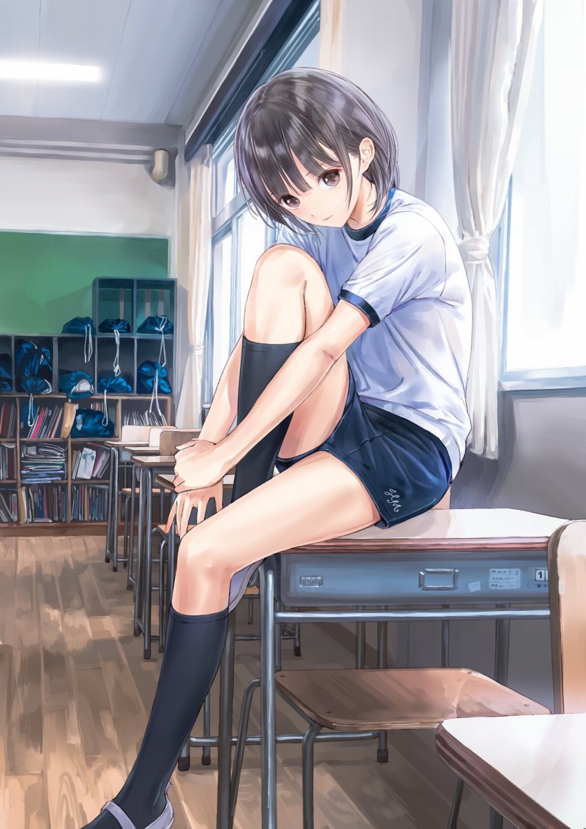 1girl, absurdres, black_hair, black_socks, blue_reflection_(series), blue_reflection_maboroshi_ni_mau_shoujo_no_ken, brown_eyes, chair