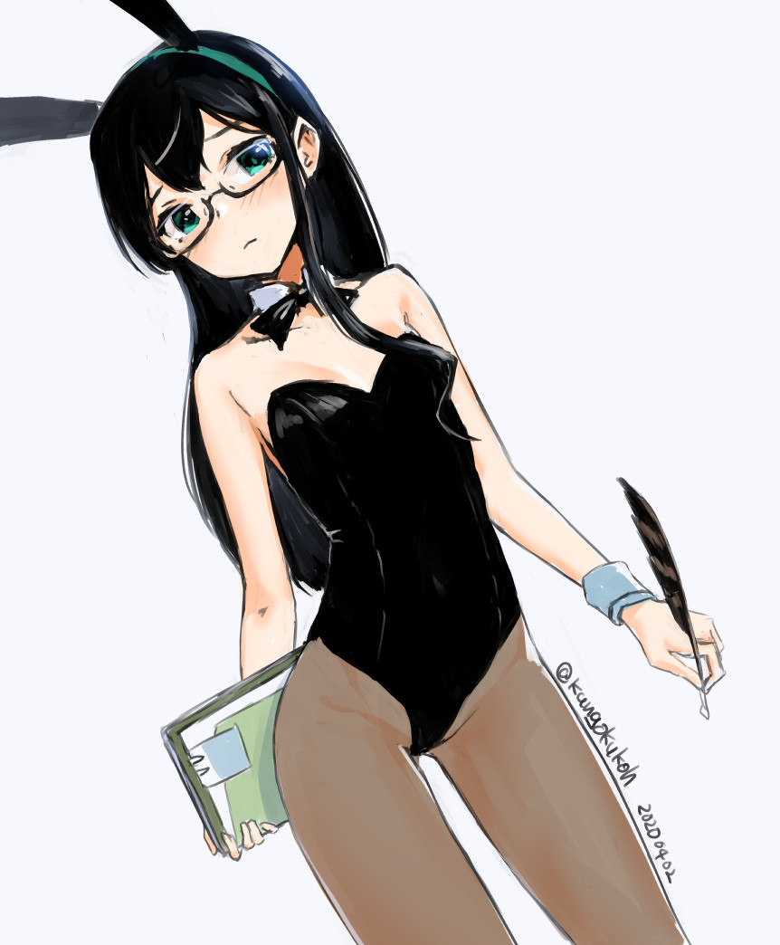 1girl, animal_ears, black_bow, black_bowtie, black_hair, black_leotard, bow, bowtie