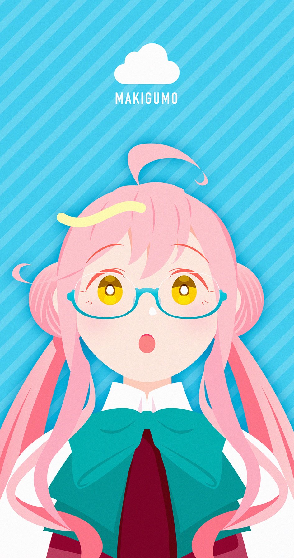 1girl, ahoge, aqua-framed_glasses, bad_id, bad_twitter_id, blue_background, bow, bowtie