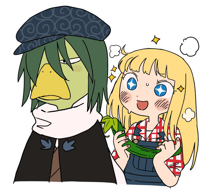 +_+, 1boy, 1girl, beak, black_cloak, black_eyes, blonde_hair, blue_eyes, blue_headwear, blush, blush_stickers, bokujou_monogatari, bokujou_monogatari:_mineral_town_no_nakama_tachi, brown_kimono, newsboy_cap, claire_(bokujou_monogatari), cloak, closed_mouth, colored_skin, cropped_torso, cucumber, flat_chest, green_hair, green_skin, hair_over_one_eye, half-closed_eyes, hands_up, happy, harvest_moon, hat, holding, ikuta_semi, japanese_clothes, jpeg_artifacts, kappa_(harvest_moon), kimono, long_hair, looking_at_another, open_mouth, overalls, plaid_clothes, plaid_shirt, red_shirt, scarf, sexually_suggestive, shirt, short_hair, short_sleeves, simple_background, smile, sparkle, steam, steaming_body, sweat, undershirt, upper_body, white_background, white_scarf, wide-eyed