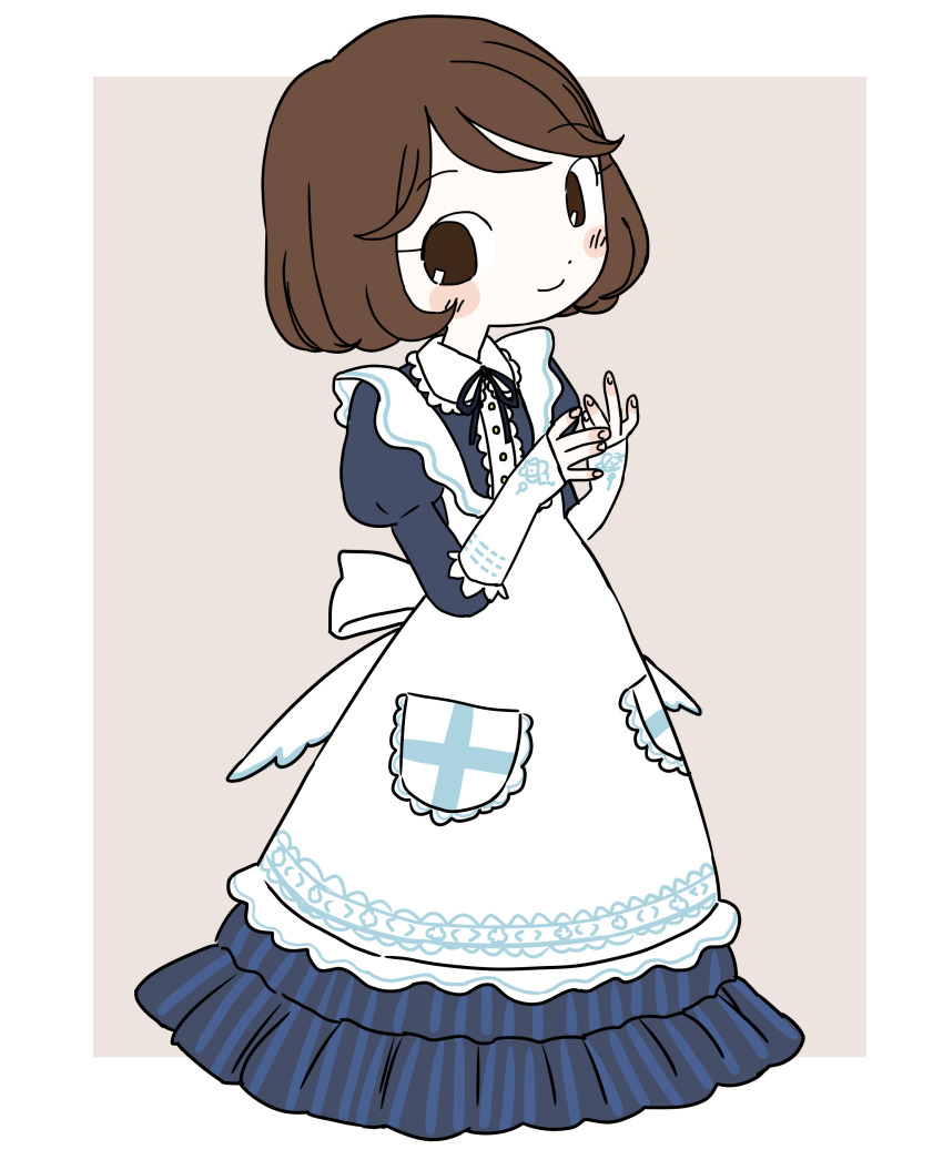 1girl, absurdres, apron, back_bow, black_ribbon, blue_dress, blush, blush_stickers, bokujou_monogatari, bokujou_monogatari:_mineral_town_no_nakama_tachi, bow, brown_eyes, brown_hair, closed_mouth, dress, elli_(bokujou_monogatari), female_focus, flat_chest, hands_up, happy, harvest_moon, highres, ikuta_semi, juliet_sleeves, long_sleeves, looking_to_the_side, matching_hair/eyes, neck_ribbon, puffy_sleeves, ribbon, short_hair, smile, solo, standing