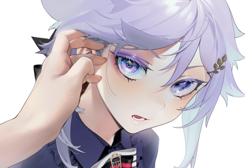 1girl, artificial_eye, bad_id, bad_twitter_id, black_ribbon, blue_eyes, close-up, collared_shirt, colored_eyelashes, commentary_request, eyelashes, eyeshadow, hair_between_eyes, hair_ornament, hair_ribbon, head_tilt, highres, long_hair, looking_at_viewer, makeup, ohisashiburi, original, out_of_frame, parted_lips, pov, pov_hands, purple_hair, purple_hair_girl_(ohisashiburi), purple_shirt, ribbon, shirt, sidelocks, simple_background, smokey_eyeshadow, solo_focus, symbol-shaped_pupils, tsurime, white_background