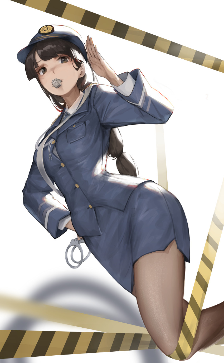1girl, absurdres, black_hair, blush, breast_pocket, breasts, brown_eyes, brown_pantyhose, commentary, cuffs, female_focus, handcuffs, hat, highres, long_hair, long_sleeves, miniskirt, mole, mole_under_eye, mouth_hold, nimu_(099), original, pantyhose, pocket, police, police_hat, police_uniform, policewoman, salute, skirt, solo, whistle