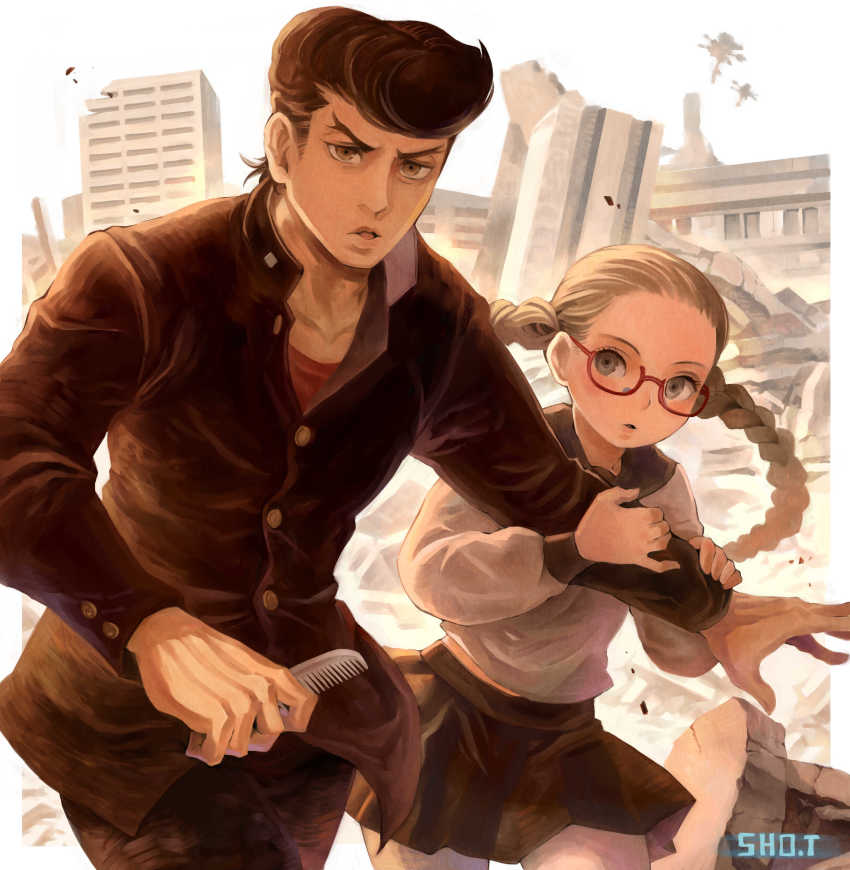 1boy, 1girl, absurdres, artist_name, black_hair, black_skirt, braid, brown_eyes