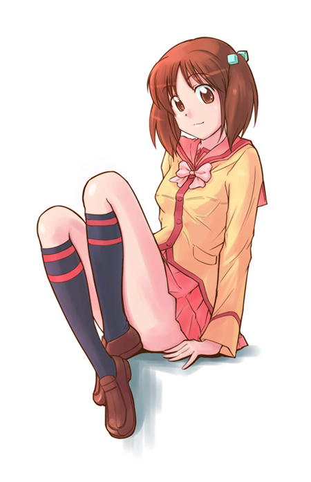 00s, 1girl, brown_eyes, brown_hair, cube_hair_ornament, e20, female_focus, gokujou_seitokai, hair_ornament, kneehighs, oume_ayumu, school_uniform, simple_background, skirt, socks, solo, twintails