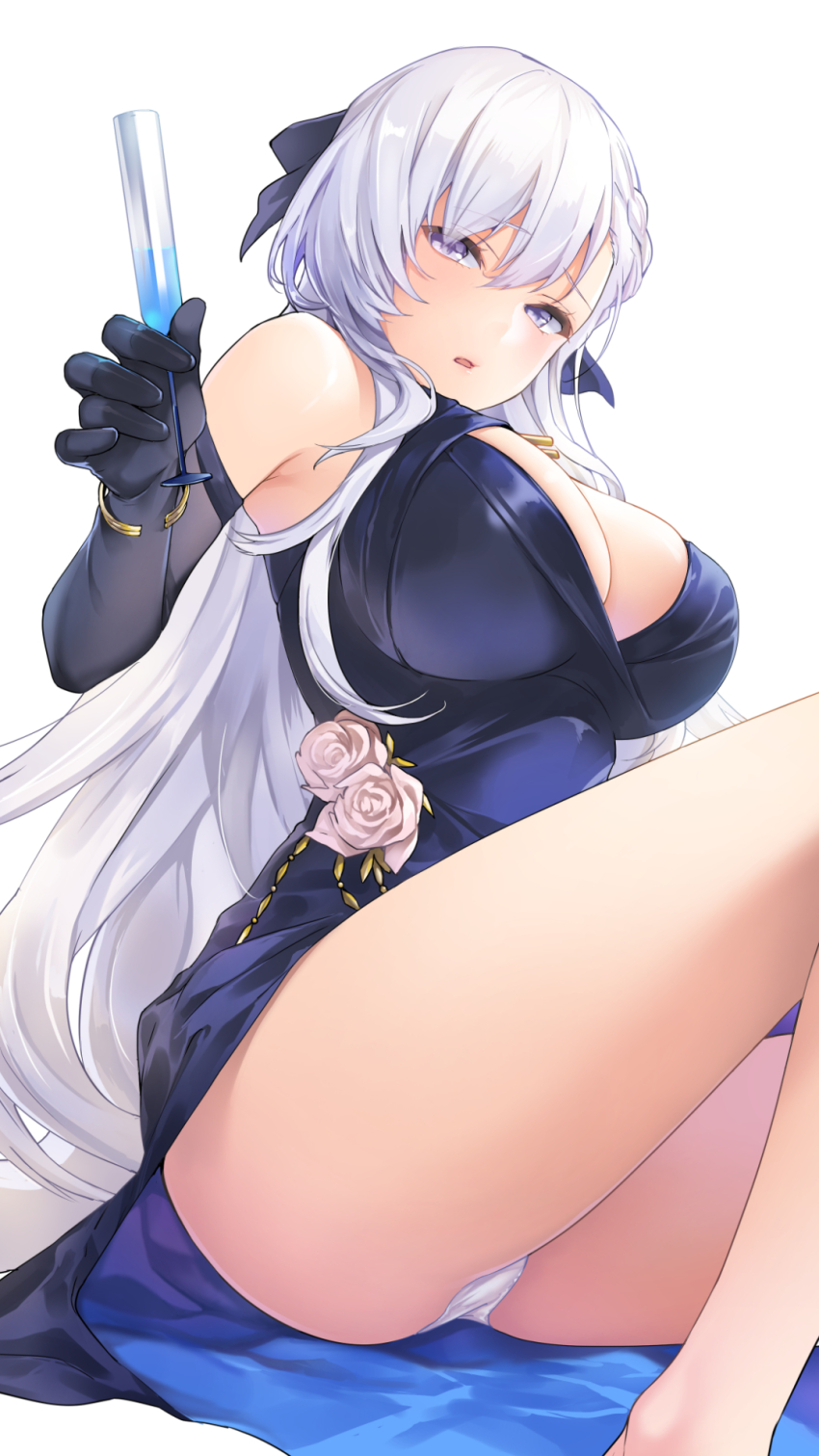 1girl, alternate_costume, azur_lane, bare_shoulders, belfast_(azur_lane), belfast_(the_noble_attendant)_(azur_lane), blue_dress, blue_gloves