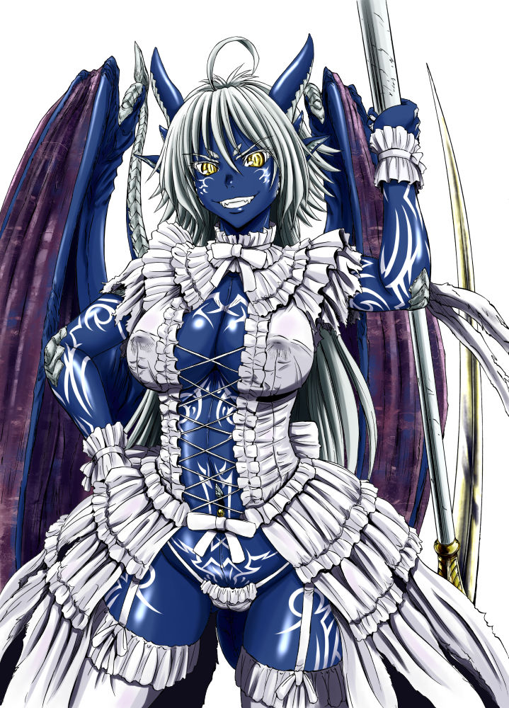 1girl, ahoge, arm_tattoo, blue_skin, breasts, center_opening, chest_tattoo, cleavage, colored_skin, commentary_request, covered_erect_nipples, cross-laced_clothes, dragon_girl, dragon_horns, dragon_tail, dragon_wings, dress, facial_tattoo, fangs, female_focus, frilled_dress, frilled_panties, frills, full-body_tattoo, garter_straps, gate_-_jieitai_ka_no_chi_nite_kaku_tatakaeri, giselle_(gate), gothic_lolita, grin, hair_between_eyes, hand_on_own_hip, holding, holding_weapon, horns, large_breasts, leg_tattoo, lolita_fashion, long_dress, long_hair, looking_at_viewer, lowleg, lowleg_panties, markings, navel, navel_piercing, no_bra, panties, piercing, pubic_tattoo, revealing_clothes, sao_satoru, scythe, showgirl_skirt, silver_hair, slit_pupils, smile, solo, stomach_tattoo, tail, tattoo, thighhighs, underwear, weapon, white_dress, white_thighhighs, wings, wrist_cuffs, yellow_eyes