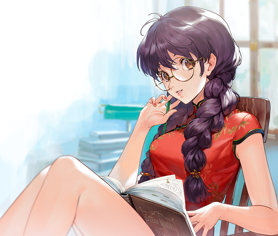 1girl, blue_background, book, book_on_lap, braid, brown_eyes, china_dress, chinese_clothes