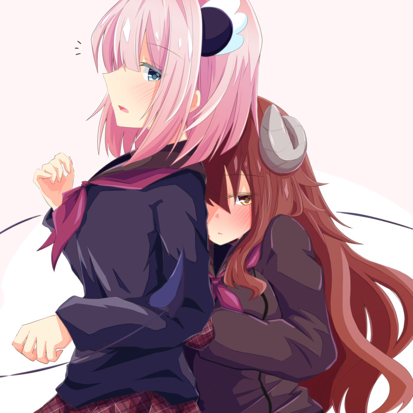 2girls, absurdres, blue_eyes, chiyoda_momo, curled_horns, demon_horns, demon_tail, hair_between_eyes