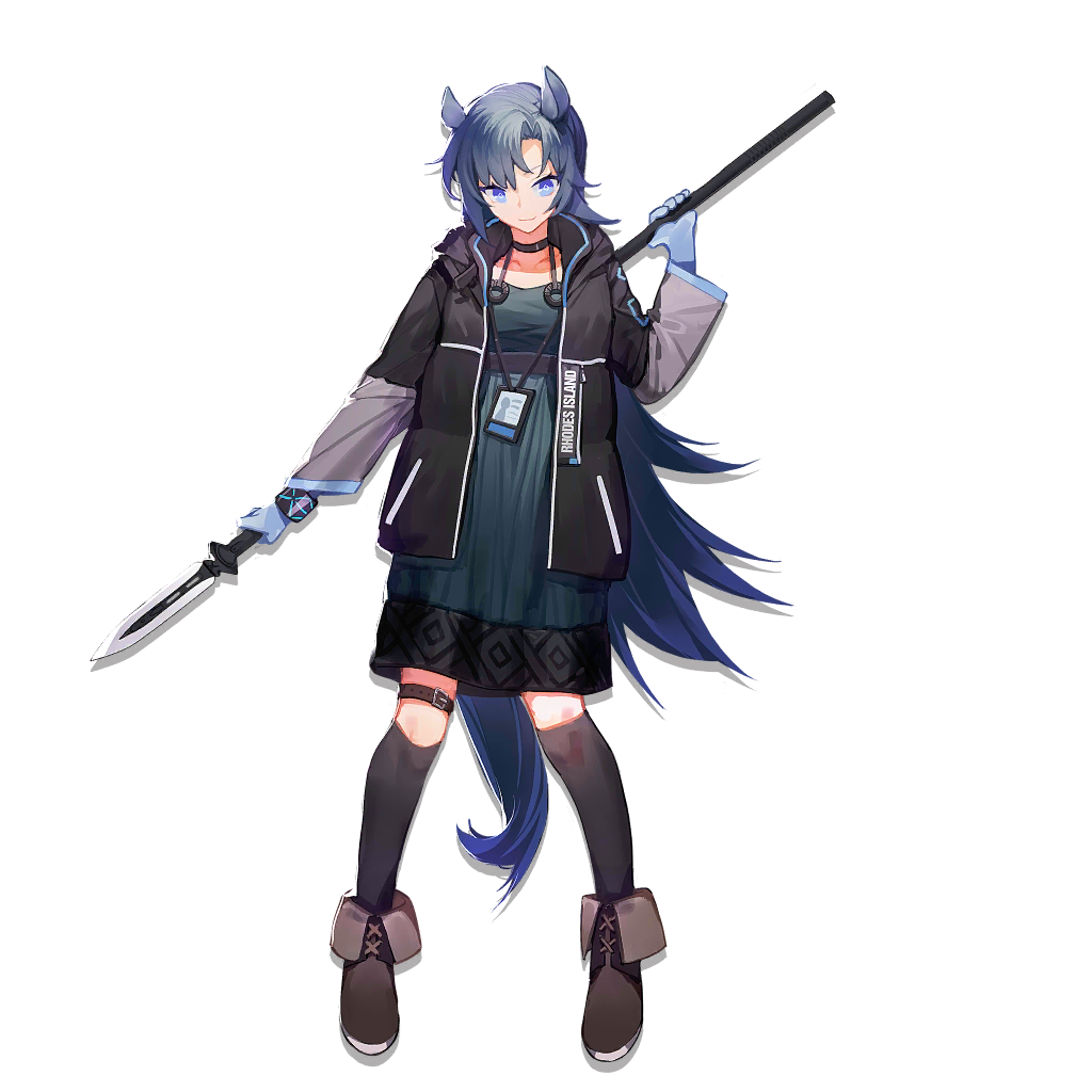 1girl, animal_ears, arknights, black_thighhighs, blue_eyes, blue_gloves, blue_hair, blush