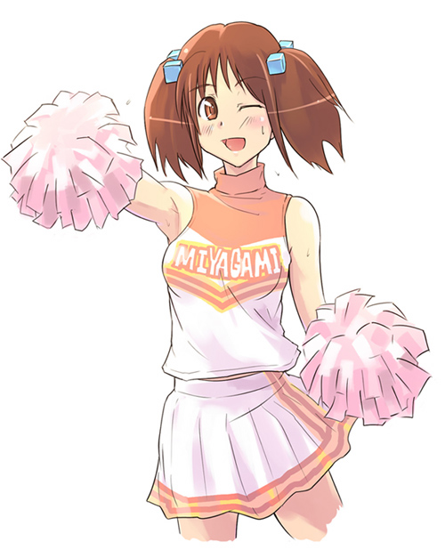 00s, 1girl, armpits, bare_shoulders, brown_eyes, brown_hair, cheerleader, cube_hair_ornament, e20, female_focus, gokujou_seitokai, hair_ornament, one_eye_closed, oume_ayumu, skirt, solo, twintails, wink