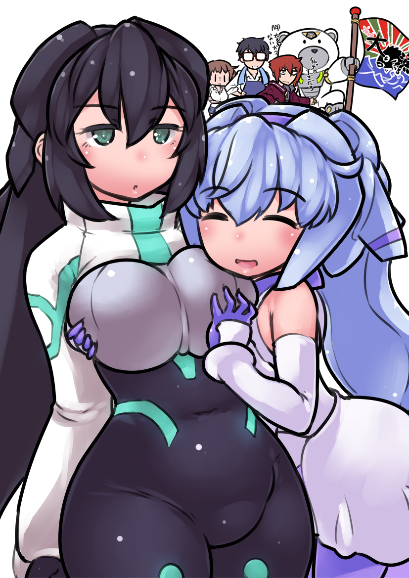 2boys, 3girls, beargguy, black_bodysuit, black_hair, blue_gloves, blue_hair, bodysuit, breasts, closed_eyes, covered_navel, darui_hito, dress, flag, gloves, grabbing_another's_breast, green_eyes, groping, gundam, gundam_build_divers, gundam_build_divers_re:rise, impossible_bodysuit, impossible_clothes, justi'gguy, may_(gundam_build_divers_re:rise), mobile_doll_sara, multiple_boys, multiple_girls, nanase_kouichi, nanase_nanami_(gundam_build_divers), open_mouth, pantyhose, sara_(gundam_build_divers), shiba_tsukasa, skin_tight, translation_request, white_dress