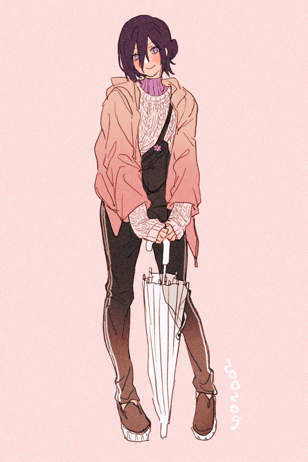 1girl, alternate_costume, aran_sweater, black_pants, black_shoes, blush, breasts, brown_jacket