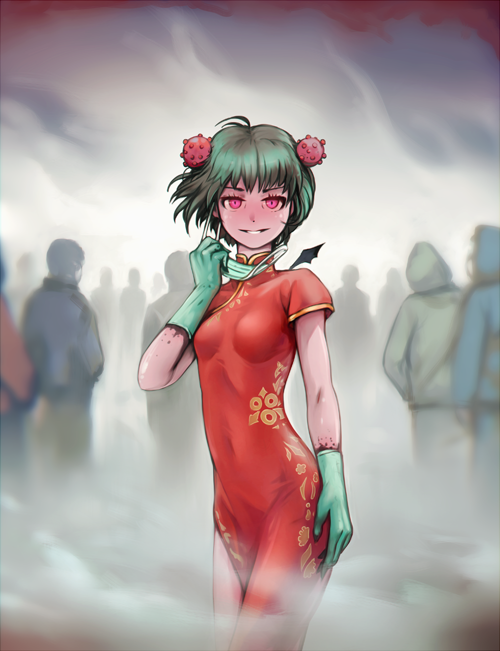 1girl, 4boys, bat_wings, breasts, breasts_apart, china_dress, chinese_clothes, corona-chan, coronavirus_hair_ornament, coronavirus_pandemic, cowboy_shot, crowd, dot_nose, dress, fog, gloves, green_gloves, green_hair, grin, happy, highres, latex, latex_gloves, long_dress, looking_at_viewer, mouth_mask, multiple_boys, original, personification, pink_eyes, red_dress, rubber_gloves, short_hair, short_sleeves, side_slit, skinny, slit_pupils, small_breasts, smile, solo_focus, standing, surgical_mask, tr0yka, wings