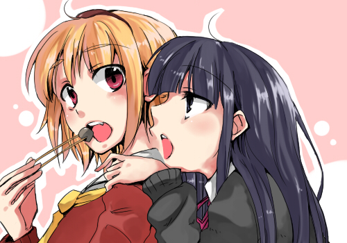 00s, 2girls, ako, ako_(so_crazy!?), black_hair, blonde_hair, blunt_bangs, chopsticks