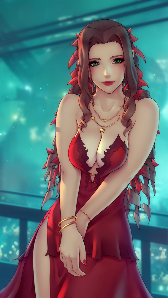 1girl, aerith_gainsborough, aerith_gainsborough_(red_dress), blurry, blurry_background, bracelet, breasts, brown_hair