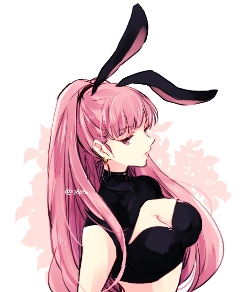 1girl, animal_ears, bad_id, bad_twitter_id, breasts, cleavage, closed_mouth, earrings