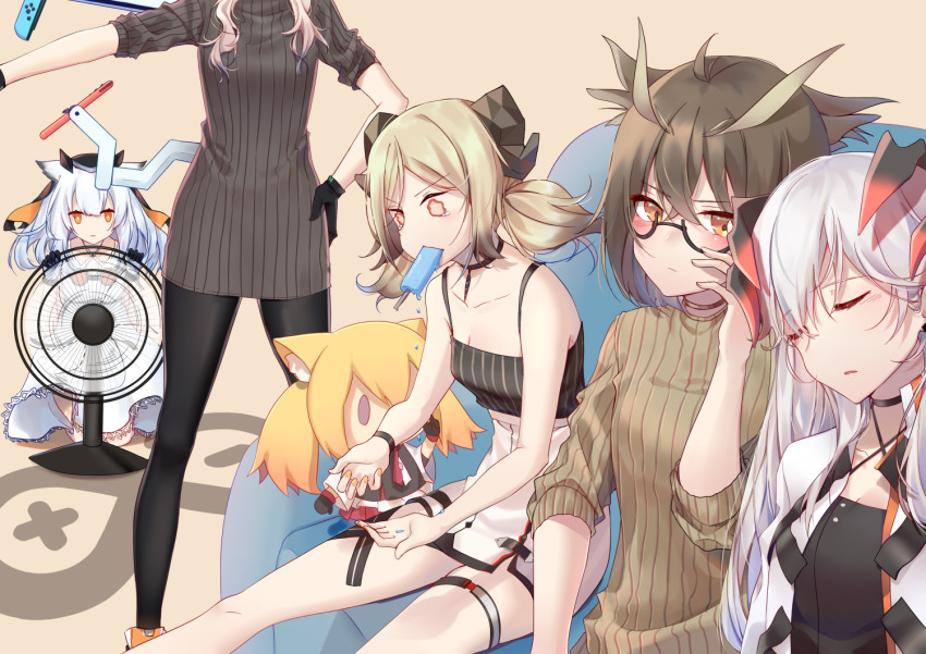 5girls, arknights, beige_background, black-framed_eyewear, black_choker, black_gloves, black_legwear, breasts