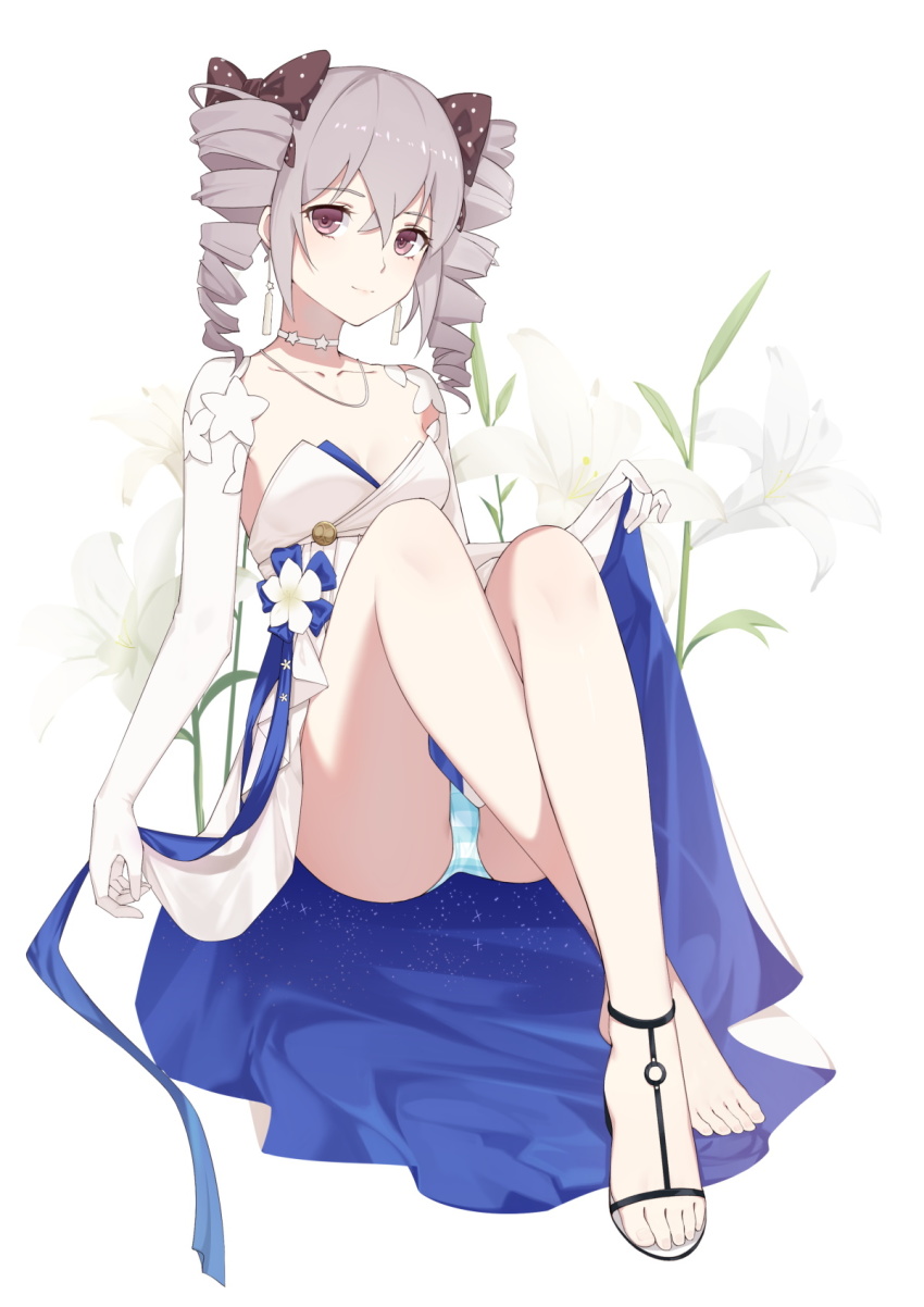 1girl, bare_legs, bare_shoulders, blue_dress, blue_ribbon, bow, bronya_zaychik, bronya_zaychik_(wolf's_dawn)
