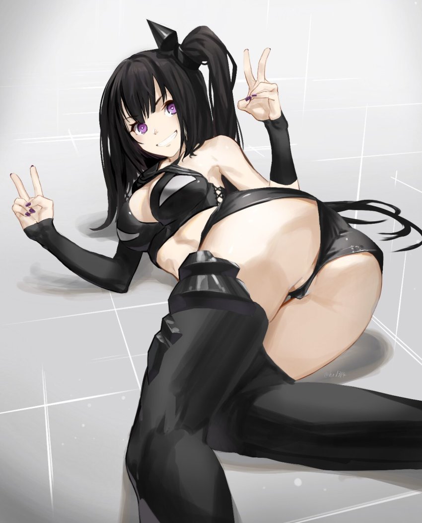 1girl, architect_(girls'_frontline), arm_warmers, ass, asymmetrical_clothes, black_shorts, black_thighhighs, breasts