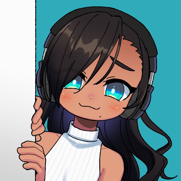 1girl, aqua_background, aqua_eyes, around_corner, asymmetrical_bangs, black_hair, bright_pupils, dark-skinned_female, dark_skin, female_focus, halterneck, headphones, humanization, long_hair, looking_at_viewer, marina_(splatoon), mole, mole_under_mouth, nintendo, octoling, peeking_out, ribbed_shirt, shirt, simple_background, smile, solo, splatoon_(series), splinter_fish59, white_pupils, white_shirt