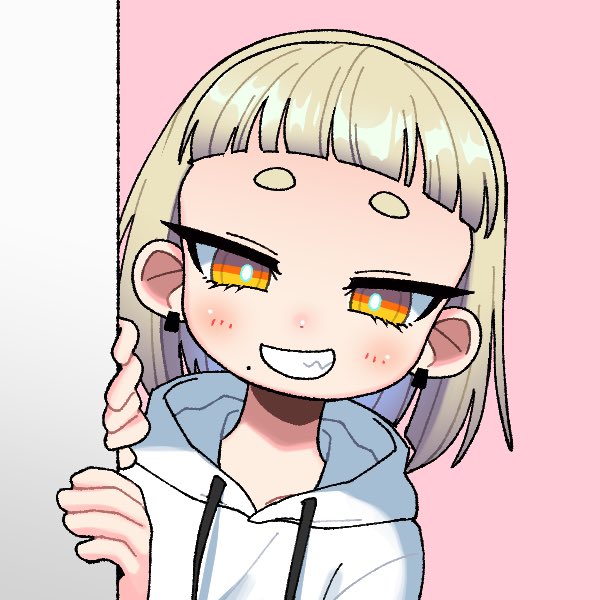 1girl, around_corner, blunt_bangs, bob_cut, bright_pupils, brown_eyes, drawstring, earrings, female_focus, grin, half-closed_eyes, hood, hood_down, hoodie, humanization, inkling, jewelry, looking_at_viewer, medium_hair, mole, mole_under_mouth, nintendo, pearl_(splatoon), peeking_out, pink_background, sharp_teeth, shirt, silver_hair, simple_background, smile, solo, splatoon_(series), splinter_fish59, teeth, white_pupils, white_shirt