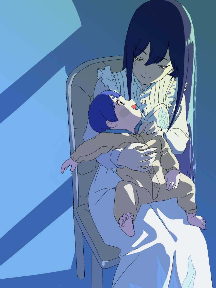 2girls, absurdres, baby, blue_hair, blush_stickers, carrying, carrying_baby, carrying_person