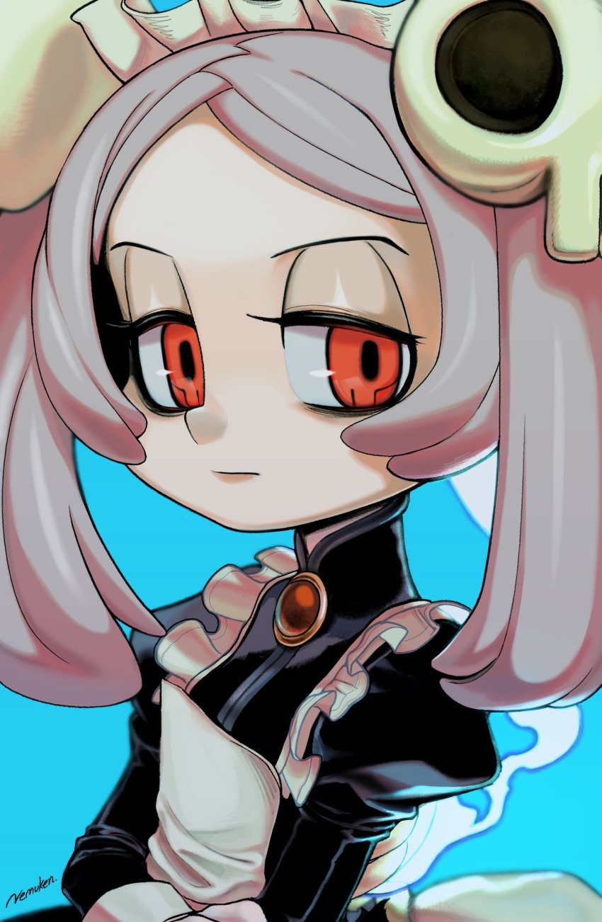 1girl, apron, bloody_marie_(skullgirls), blue_background, brooch, female_focus, hair_ornament, half-closed_eyes