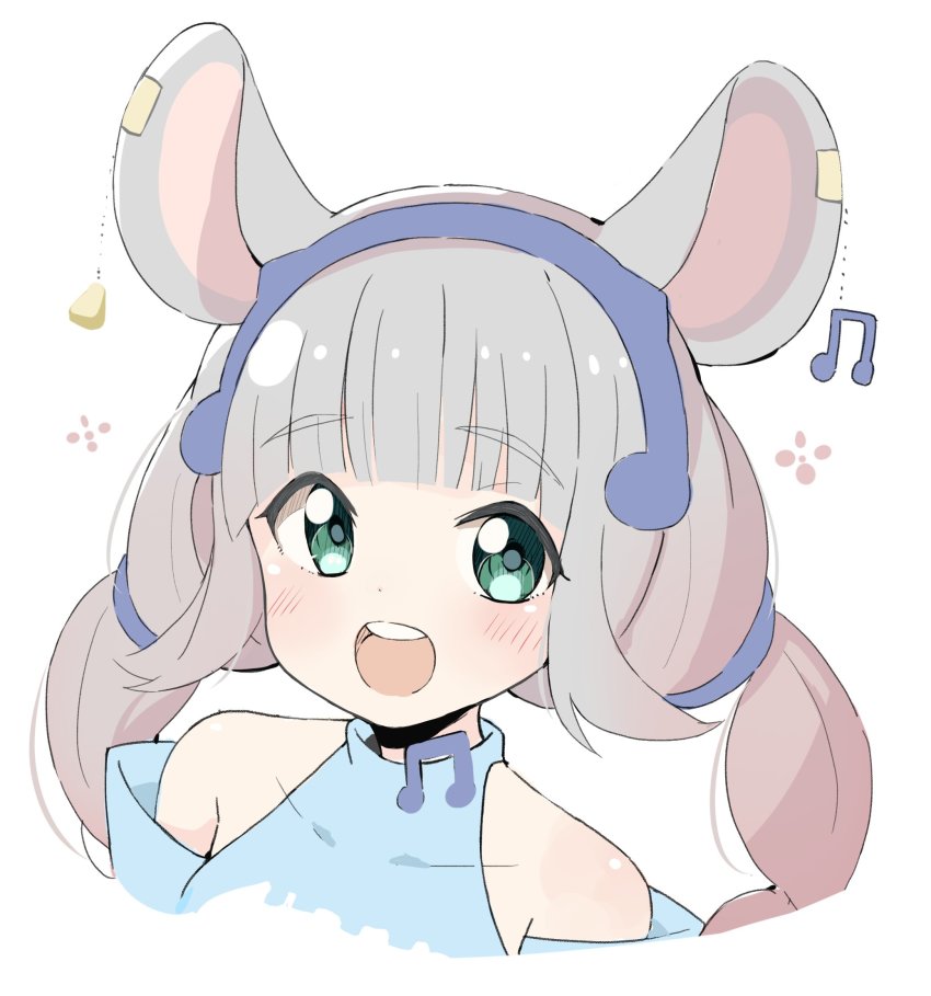 1girl, :d, animal_ears, beamed_eighth_notes, blue_shirt, blush, collarbone, commentary_request