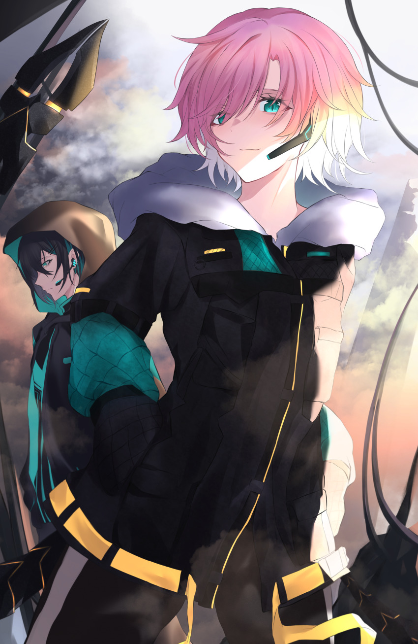 1boy, 1girl, absurdres, black_hair, black_jacket, blue_hair, closed_mouth, cloud