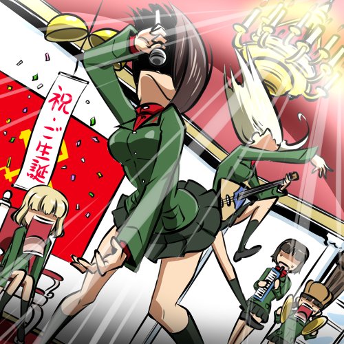 5girls, alina_(girls_und_panzer), banner, black_footwear, black_hair, black_skirt, black_socks, blonde_hair