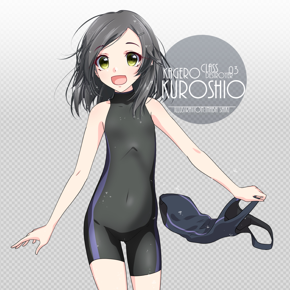 1girl, :d, alternate_costume, artist_name, black_hair, black_one-piece_swimsuit, black_wetsuit, blush