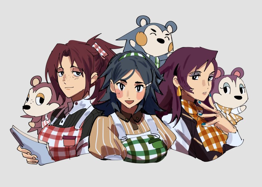 3girls, animal_crossing, apron, black_eyes, black_hair, black_shirt, black_vest, blue_nails, blush_stickers, breasts, brown_hair, brown_shirt, collared_shirt, commentary, earrings, english_commentary, eyeshadow, freckles, green_apron, grey_background, hair_ornament, hair_ribbon, hairband, hairclip, hedgehog, highres, humanization, jewelry, kendy_(revolocities), label_able_(animal_crossing), light_smile, lips, long_hair, looking_at_viewer, mabel_able_(animal_crossing), makeup, medium_breasts, medium_hair, multiple_girls, nail_polish, nintendo, open_mouth, orange_scarf, parted_bangs, plaid_apron, plaid_clothes, plaid_scarf, ponytail, purple_hair, red_apron, ribbon, sable_able_(animal_crossing), scarf, shirt, siblings, simple_background, sisters, smile, striped_clothes, striped_shirt, upper_body, vest, white_shirt