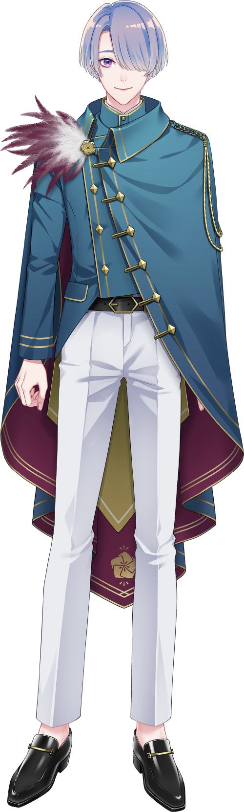 1boy, artist_request, belt, black_belt, black_footwear, blue_jacket, cape, full_body