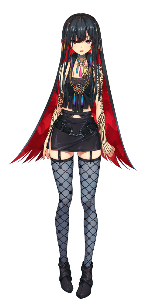 1girl, artist_request, belt, black_belt, black_footwear, black_hair, black_skirt, collarbone, colored_inner_hair, female_focus, full_body, garter_belt, garter_straps, grey_thighhighs, long_hair, looking_at_viewer, miniskirt, multicolored_hair, nijisanji, nijisanji_in, noor_(nijisanji), official_art, open_mouth, red_eyes, red_hair, skindentation, skirt, sleeveless, smile, solo, standing, straight-on, tachi-e, tattoo, thighhighs, transparent_background, two-tone_hair, very_long_hair, virtual_youtuber