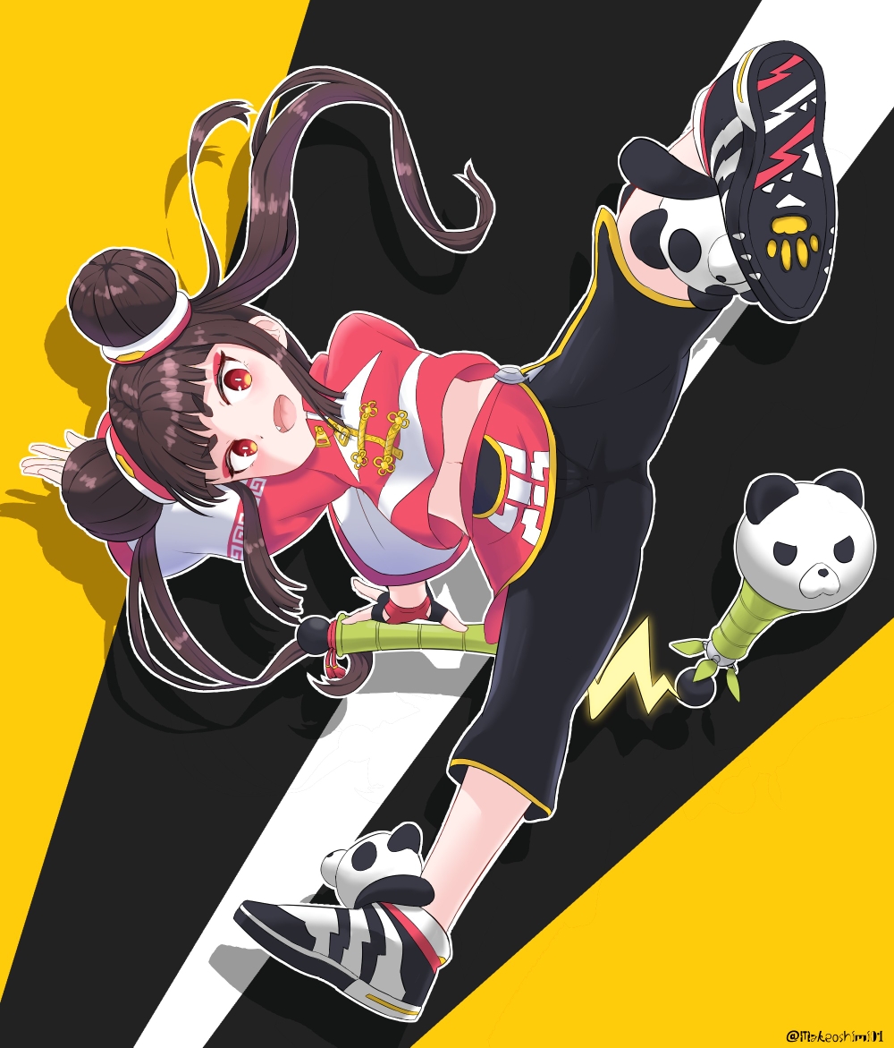 1girl, :d, arm_behind_back, arm_up, bamboo, black_background, black_shoes, black_shorts