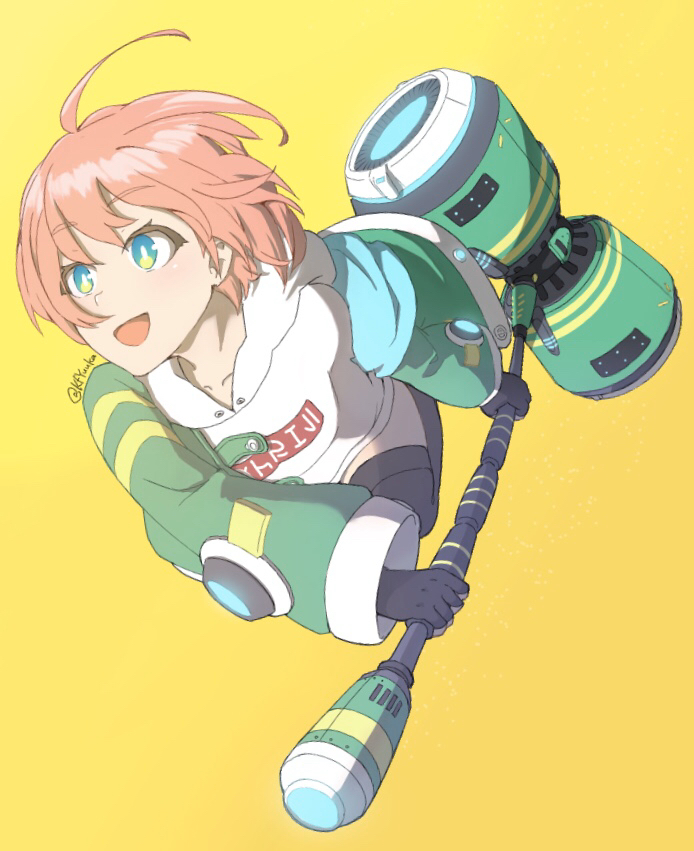 1girl, :d, ahoge, black_gloves, black_thighhighs, breasts, coco_guamrail, collarbone, commentary, female_focus, floating, full_body, gloves, green_eyes, green_jacket, hair_between_eyes, hammer, holding, holding_hammer, hood, hood_down, hoodie, jacket, kick-flight, large_breasts, long_sleeves, looking_to_the_side, open_mouth, pink_hair, short_hair, sidelocks, simple_background, smile, solo, thighhighs, twitter_username, white_hoodie, yellow_background, yuuka_(kfyuuka)