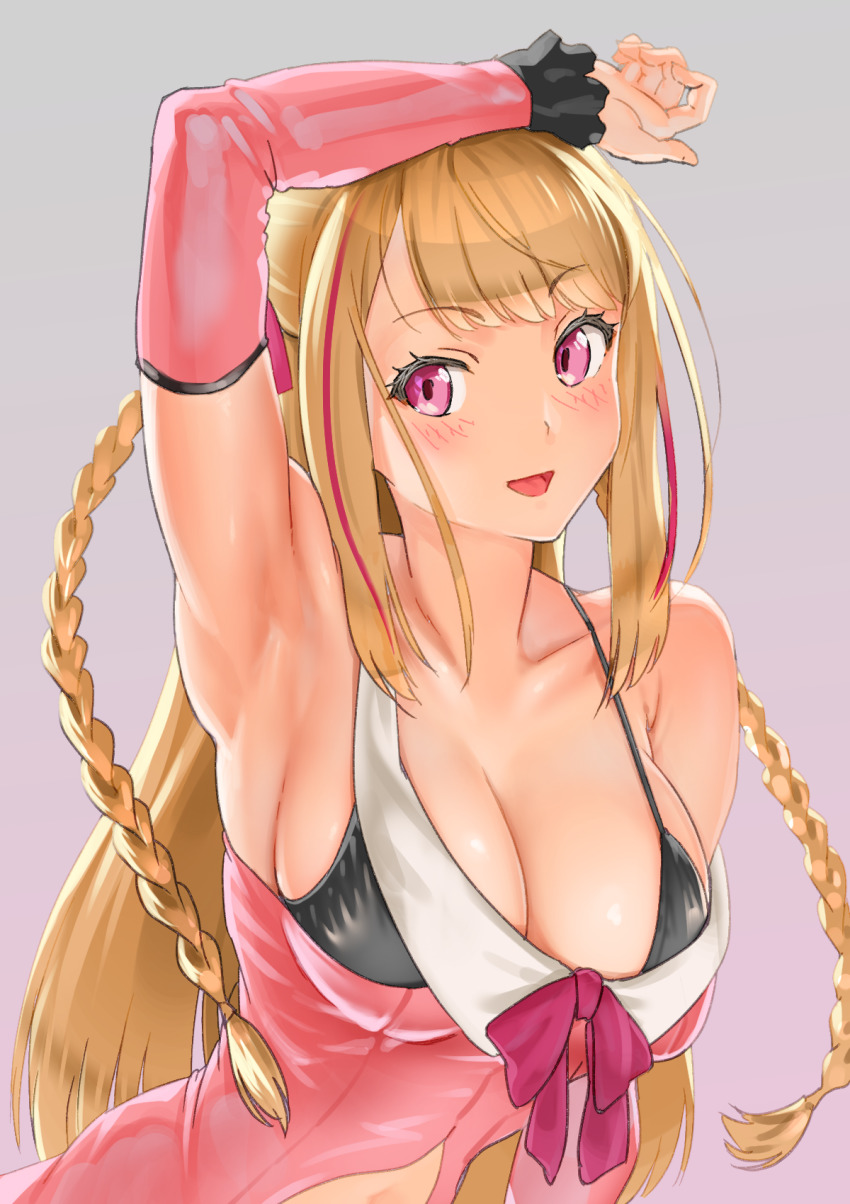 1girl, :d, arm_up, armpits, bare_shoulders, bikini, bikini_top_only, black_bikini, blonde_hair, blunt_bangs, blush, braid, breasts, cleavage, clothing_cutout, coconoe_conono, collarbone, detached_sleeves, dokiyuri, dress, female_focus, grey_hair, highres, large_breasts, long_sleeves, mochipro, multicolored_hair, navel_cutout, open_mouth, pink_dress, pink_eyes, pink_hair, purple_ribbon, ribbon, simple_background, smile, solo, straight_hair, strap_slip, streaked_hair, swimsuit, twin_braids, upper_body, virtual_youtuber