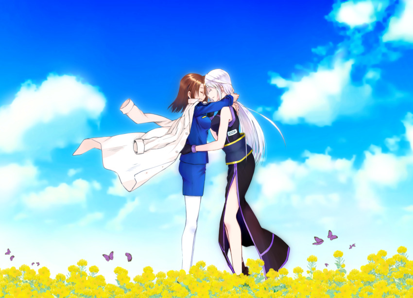 2girls, blue_sky, brown_hair, bug, butterfly, cloud, cloudy_sky, couple, day, eins_(senjuushi), flower, forehead-to-forehead, grass, happy, heads_together, highres, hug, insect, legs, leoheart, long_hair, lyrical_nanoha, mahou_shoujo_lyrical_nanoha, mahou_shoujo_lyrical_nanoha_a's, mahou_shoujo_lyrical_nanoha_strikers, mahou_shoujo_lyrical_nanoha_vivid, military, military_uniform, multiple_girls, pantyhose, reinforce, skirt, sky, smile, sunflower, thighs, white_hair, yagami_hayate, yuri