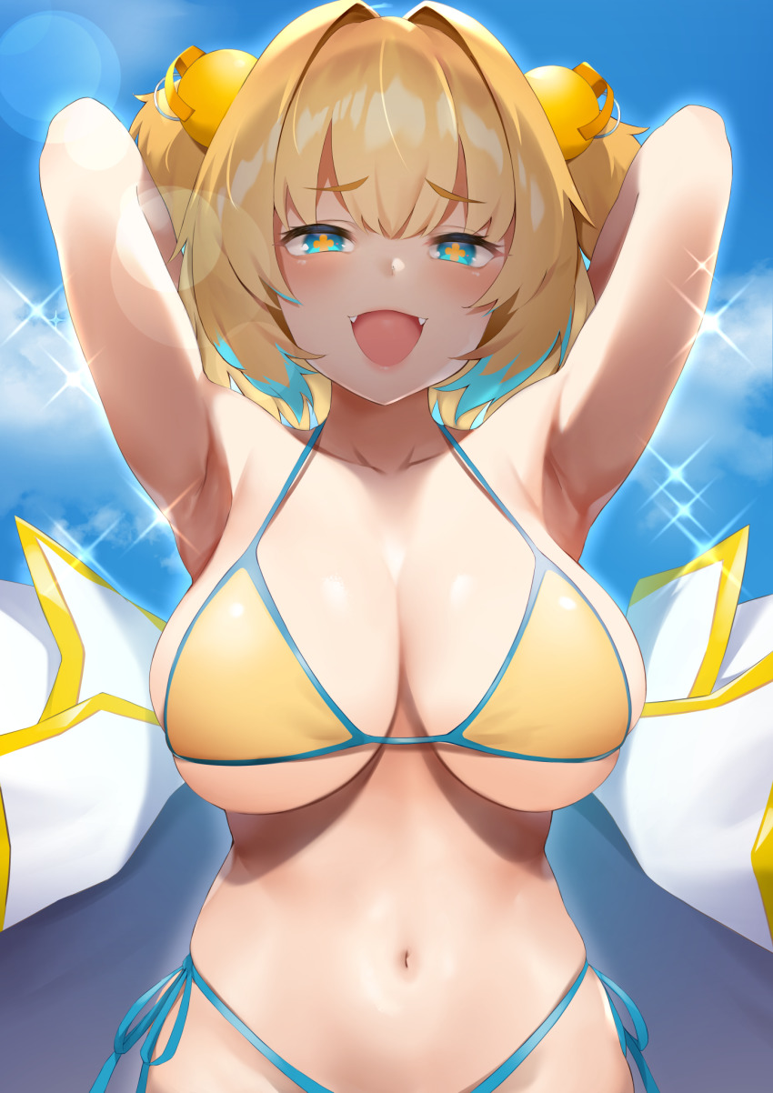 1girl, :d, armpits, arms_up, bare_arms, bare_shoulders, bikini, blonde_hair