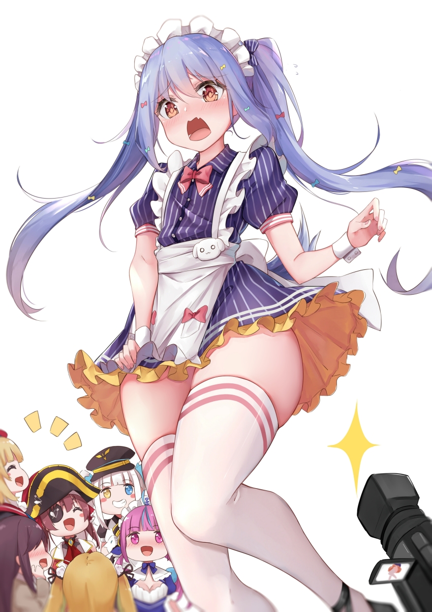 1boy, 6+girls, :d, absurdres, apron, blue_bow, blue_hair, blush, bow, camcorder, chibi, crossdressing, crossdressing_(mtf), dress, dress_tug, drooling, eyepatch, fang, grin, gundou_mirei, hair_bow, hat, highres, hololive, houshou_marine, inaba_haneru_(animare), indie_virtual_youtuber, inuyama_tamaki, inuyama_tamaki_(2nd_costume), kagura_gumi, kagura_mea, legs, long_hair, looking_at_viewer, maid, maid_headdress, male_focus, male_maid, minato_aqua, multiple_girls, nanashi_inc., nijisanji, noripro, nose_blush, open_mouth, orange_eyes, orange_skirt, petticoat, pink_bow, pirate_hat, puffy_short_sleeves, puffy_sleeves, red_bow, shigure_ui_(vtuber), short_dress, short_sleeves, skirt, smile, thighhighs, thighs, to_naive, trap, tsukudani_norio_channel, very_long_hair, video_camera, virtual_youtuber, waist_apron, white_legwear, wrist_cuffs, yellow_bow, zettai_ryouiki