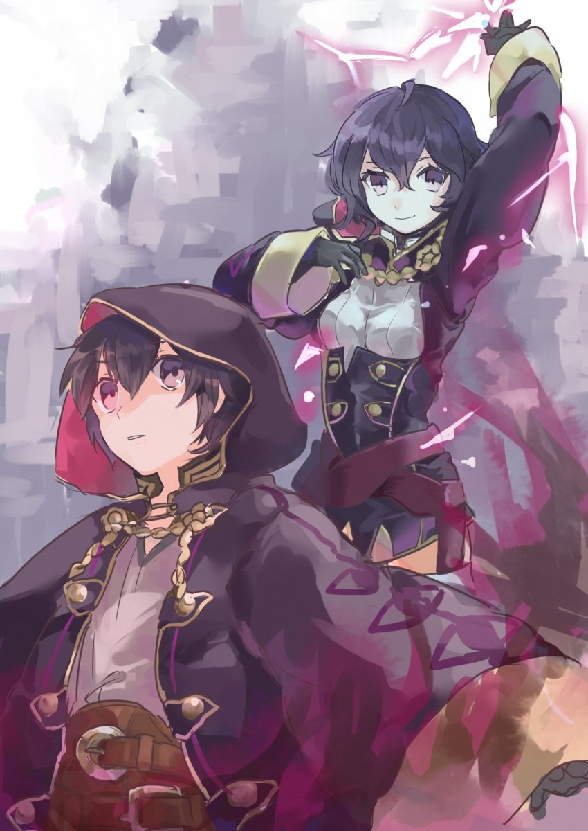 1boy, 1girl, belt, black_gloves, black_hair, closed_mouth, dress, fire_emblem