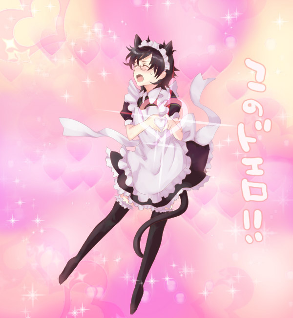 1boy, akiyama_mio, akiyama_mio_(cosplay), alternate_costume, animal_ears, apron, blush, cat_ears