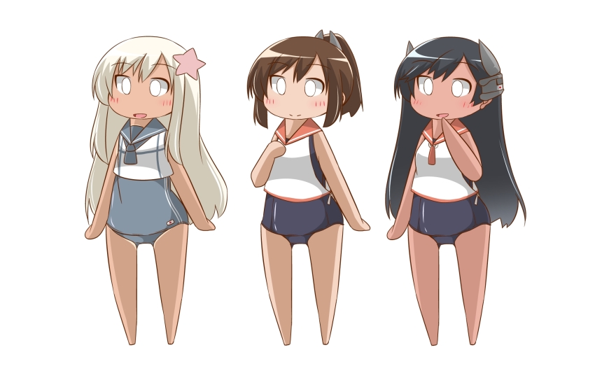 0_0, 3girls, black_hair, blonde_hair, brown_hair, chibi, commentary_request, crop_top
