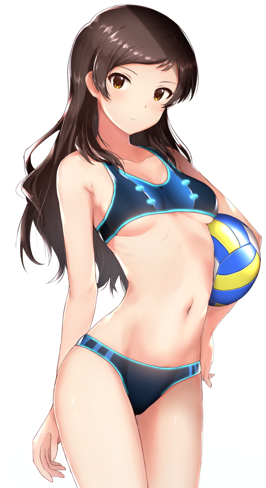 1girl, absurdres, arm_at_side, ball, bare_arms, bare_shoulders, bikini, blue_bikini, blush, breasts, brown_eyes, brown_hair, closed_mouth, collarbone, commentary_request, cowboy_shot, female_focus, hand_on_own_hip, highres, holding, holding_ball, homco, idolmaster, idolmaster_million_live!, kitazawa_shiho, long_hair, looking_at_viewer, navel, simple_background, small_breasts, solo, stomach, swimsuit, underboob, volleyball_(object), white_background