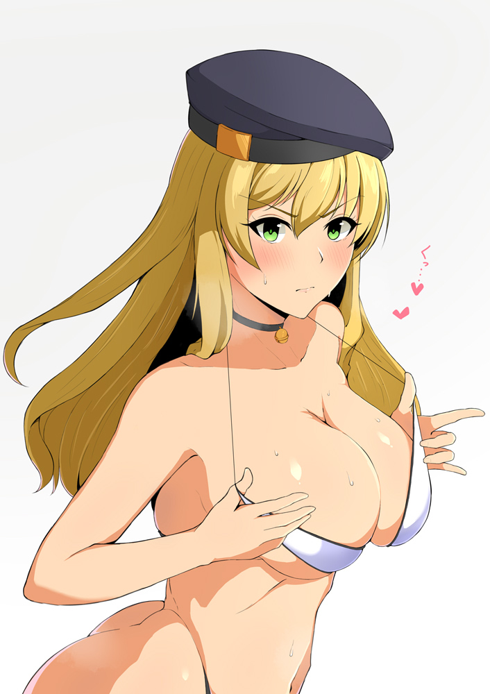 1girl, adapted_costume, ao_no_kiseki, ass, bell, beret, bikini, bikini_pull, bikini_top_only, black_hat, blonde_hair, blush, breasts, choker, cleavage, closed_mouth, clothes_pull, cowboy_shot, eiyuu_densetsu, falcom, female_focus, gradient_background, green_eyes, grey_background, hair_between_eyes, hat, heart, large_breasts, large_pasta, lips, long_hair, looking_at_viewer, micro_bikini, midriff, mireille_(eiyuu_densetsu), navel, neck_bell, simple_background, solo, string_bikini, sweat, swimsuit, white_background, white_bikini, zero_no_kiseki